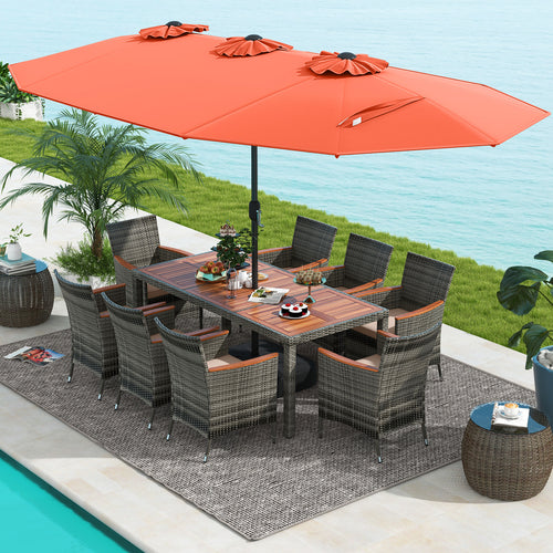 10 Pieces Patio Wicker Dining Set with 15 Feet Double-Sided Patio Umbrella, Orange