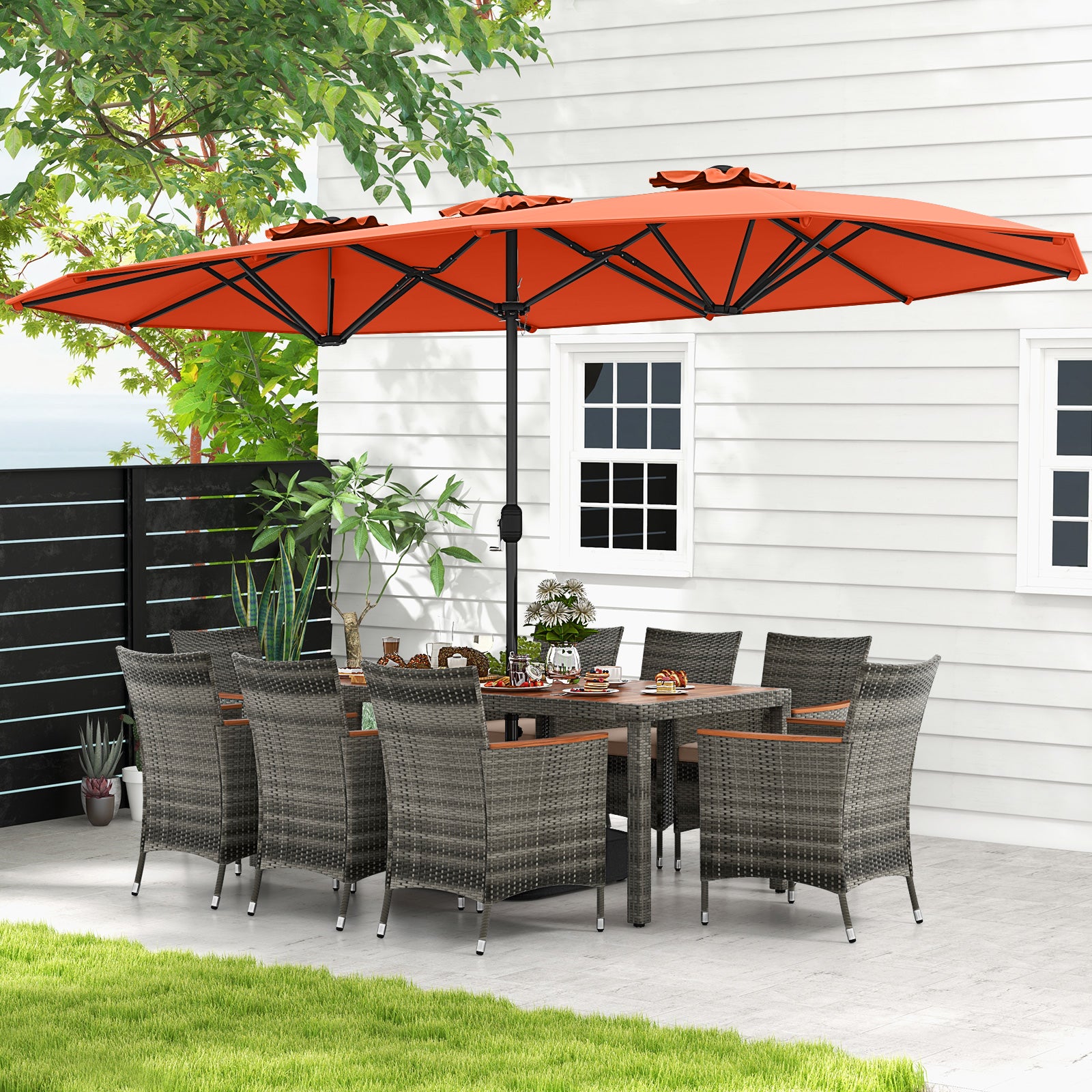 10 Pieces Patio Wicker Dining Set with 15 Feet Double-Sided Patio Umbrella, Orange Patio Dining Sets at Gallery Canada