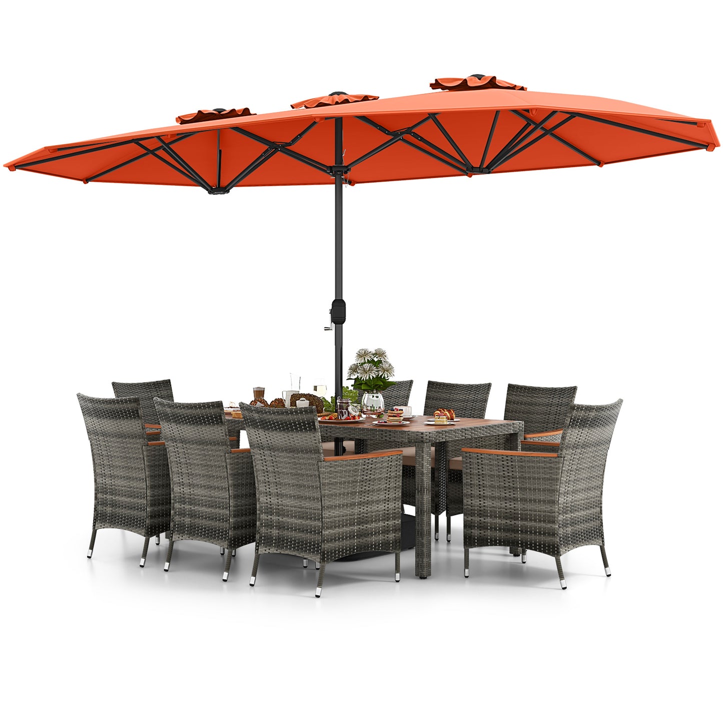 10 Pieces Patio Wicker Dining Set with 15 Feet Double-Sided Patio Umbrella, Orange Patio Dining Sets at Gallery Canada