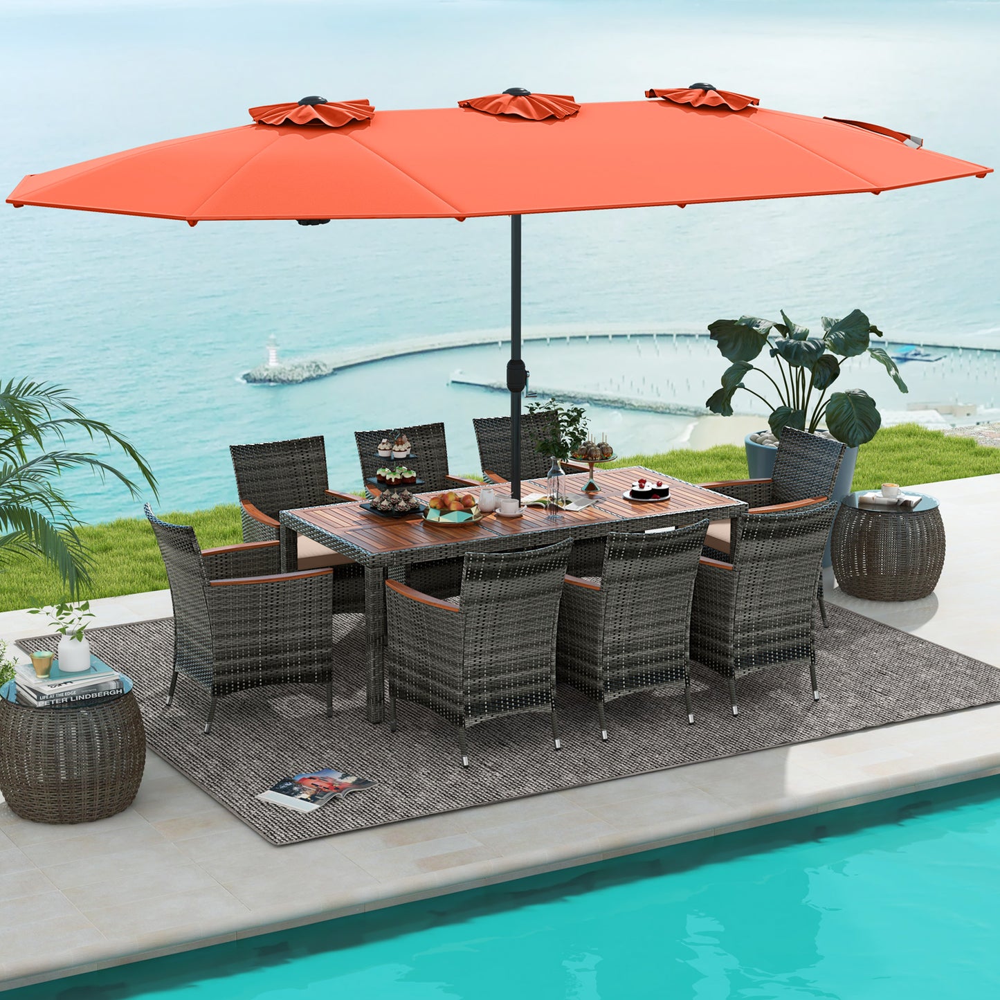 10 Pieces Patio Wicker Dining Set with 15 Feet Double-Sided Patio Umbrella, Orange Patio Dining Sets at Gallery Canada