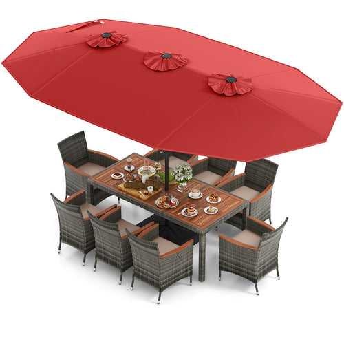 10 Piece Wicker Dining Set, 15 Ft Double Sided Patio Umbrella, Red