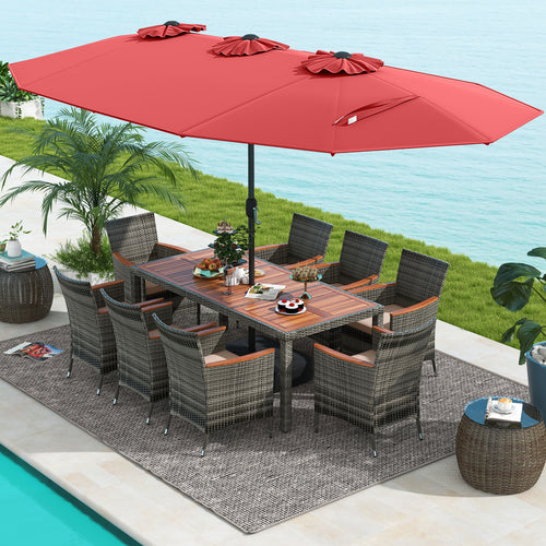 10 Pieces Patio Wicker Dining Set with 15 Feet Double-Sided Patio Umbrella, Red