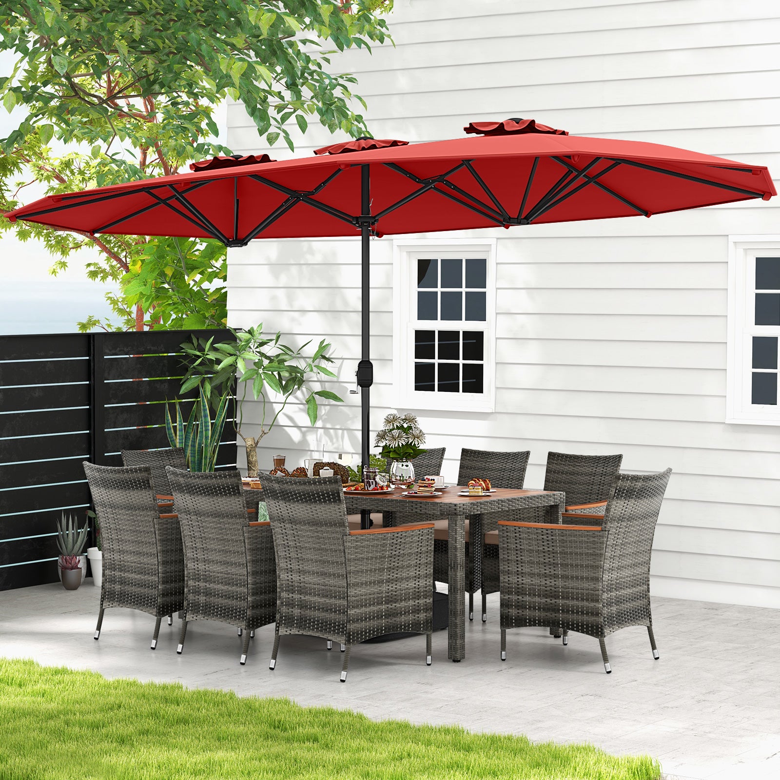 10 Pieces Patio Wicker Dining Set with 15 Feet Double-Sided Patio Umbrella, Red Patio Dining Sets at Gallery Canada