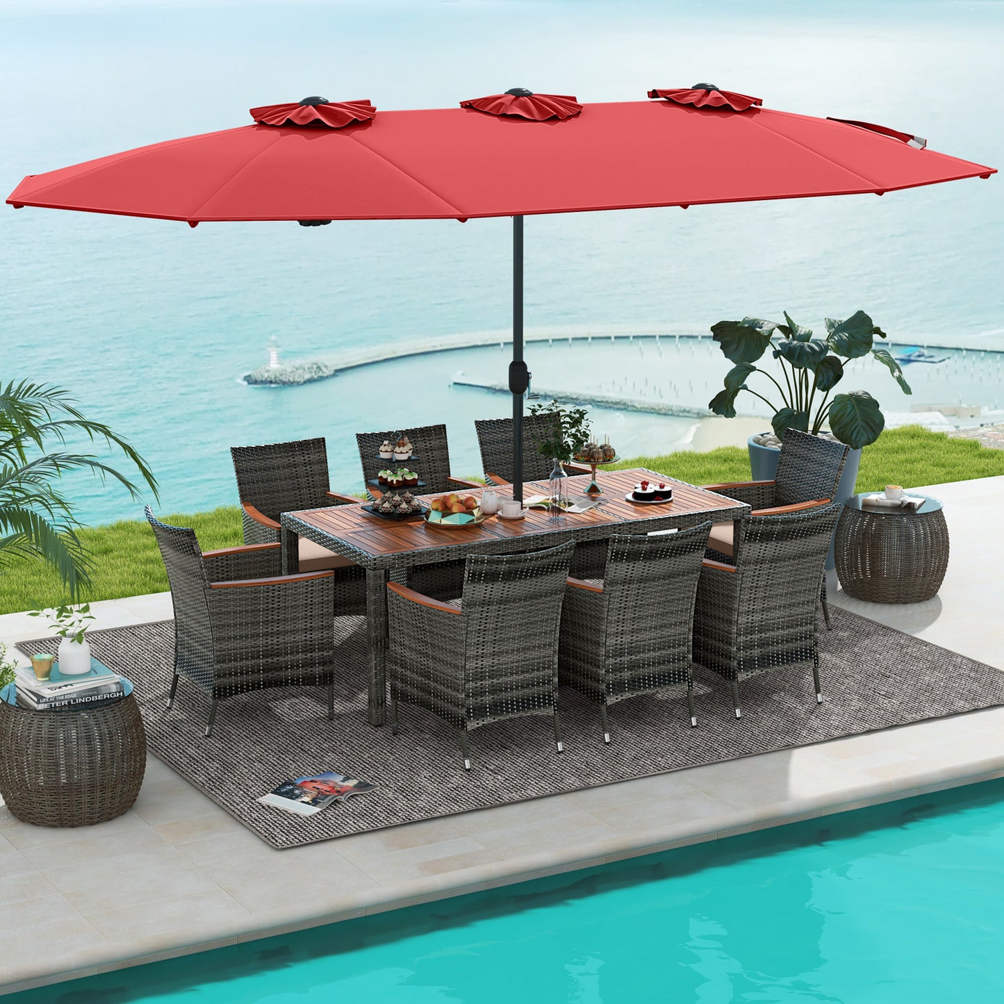 10 Pieces Patio Wicker Dining Set with 15 Feet Double-Sided Patio Umbrella, Red Patio Dining Sets at Gallery Canada