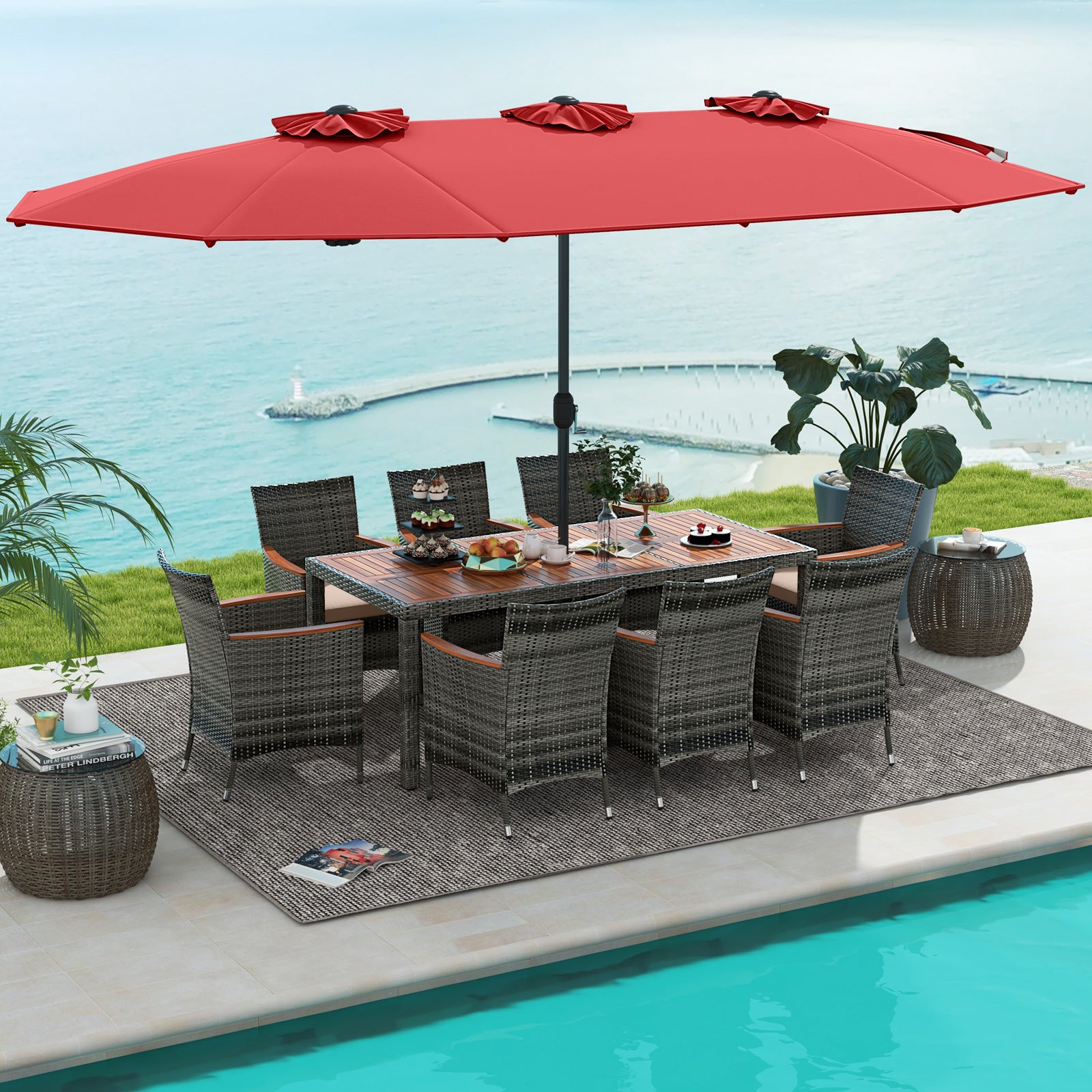 10 Pieces Patio Wicker Dining Set with 15 Feet Double-Sided Patio Umbrella, Red Patio Dining Sets at Gallery Canada
