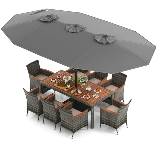 10 Piece Patio Wicker Dining Set, 15 Feet Double-Sided Umbrella, Gray