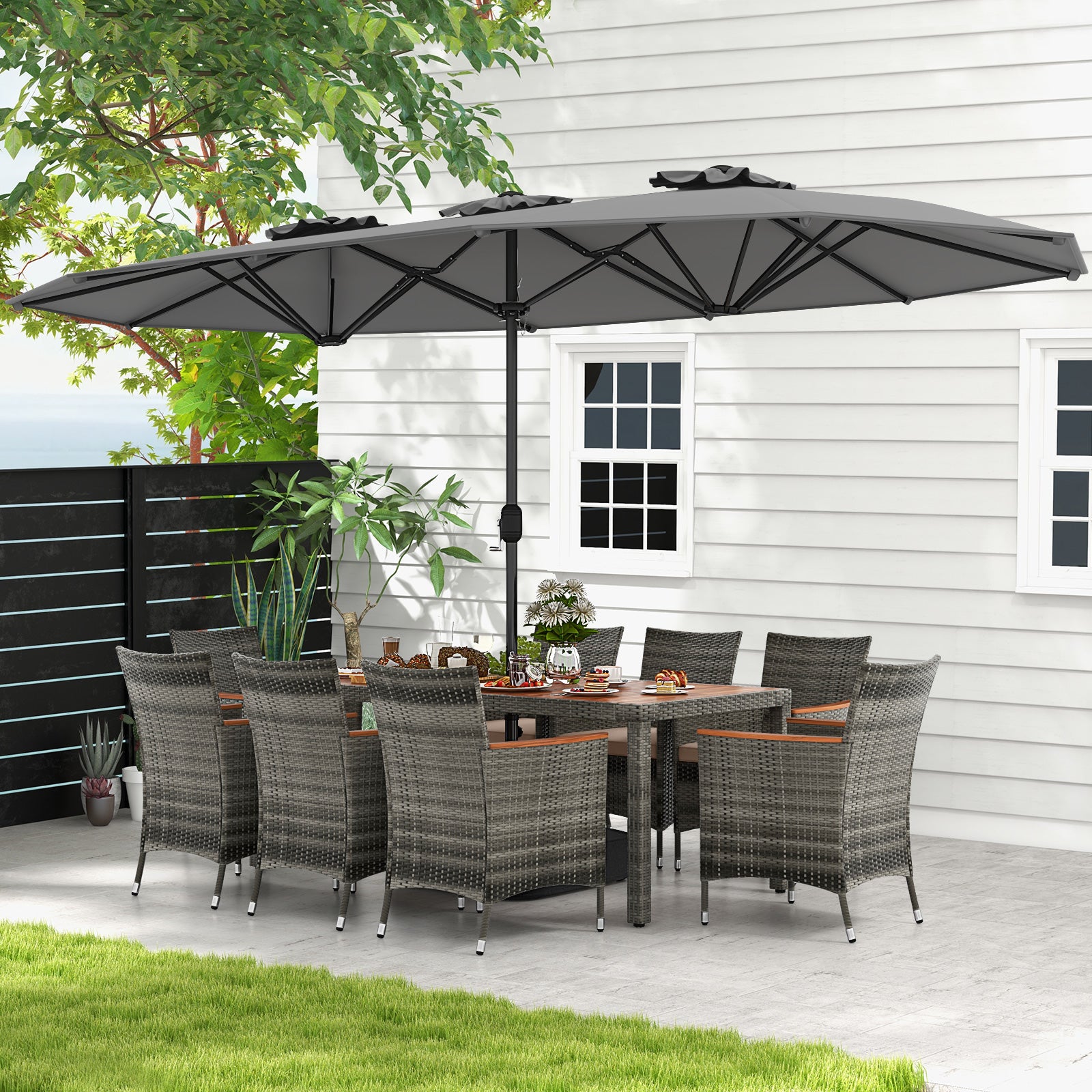10 Pieces Patio Wicker Dining Set with 15 Feet Double-Sided Patio Umbrella, Gray Patio Dining Sets at Gallery Canada
