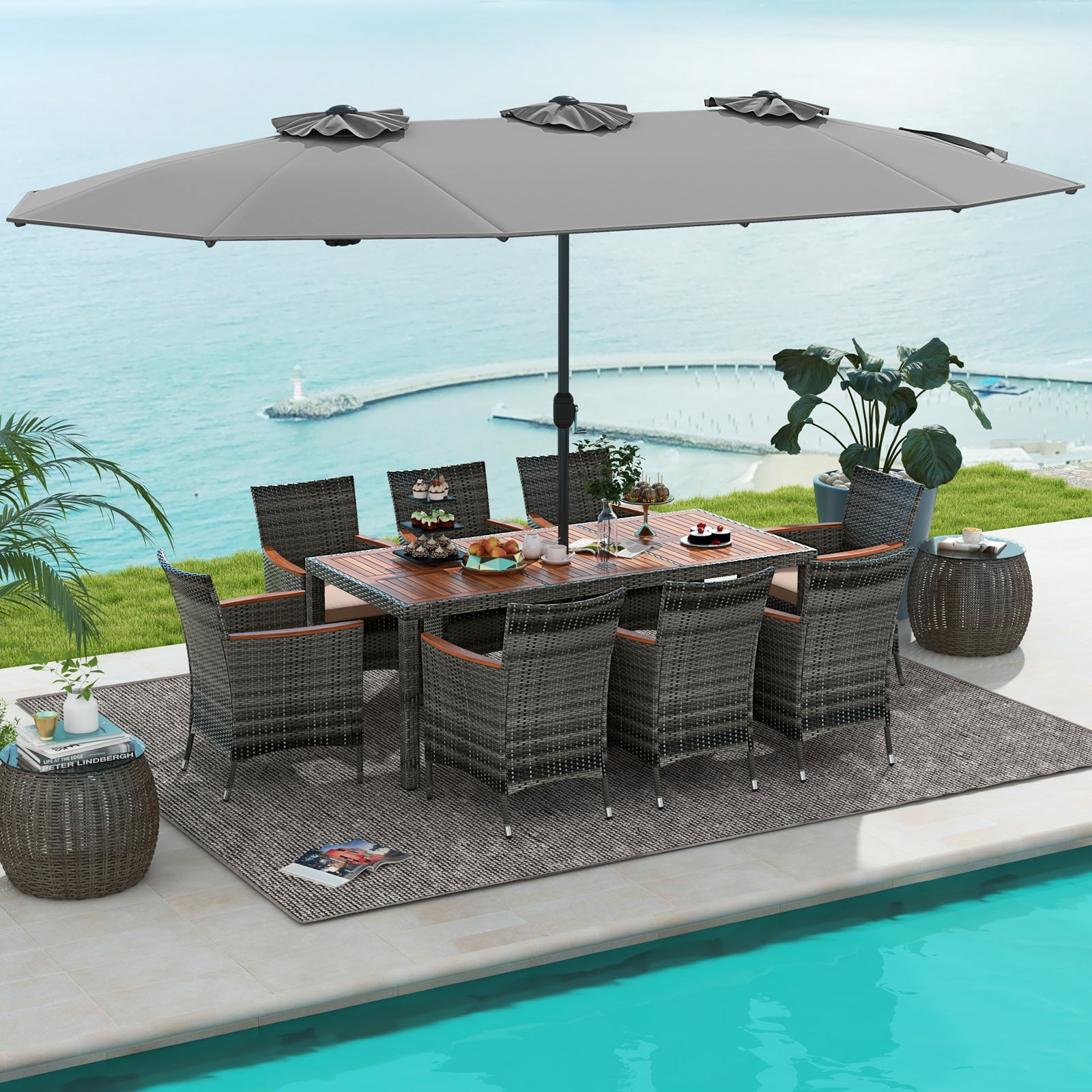 10 Pieces Patio Wicker Dining Set with 15 Feet Double-Sided Patio Umbrella, Gray Patio Dining Sets at Gallery Canada