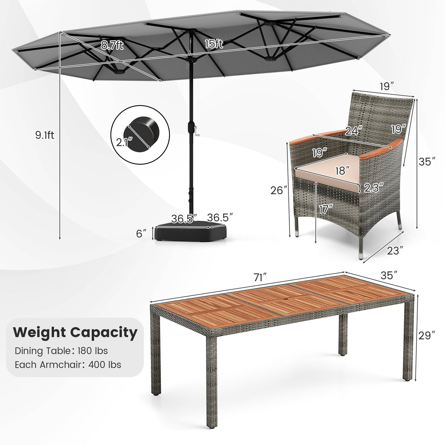 10 Pieces Patio Wicker Dining Set with 15 Feet Double-Sided Patio Umbrella, Gray Patio Dining Sets at Gallery Canada