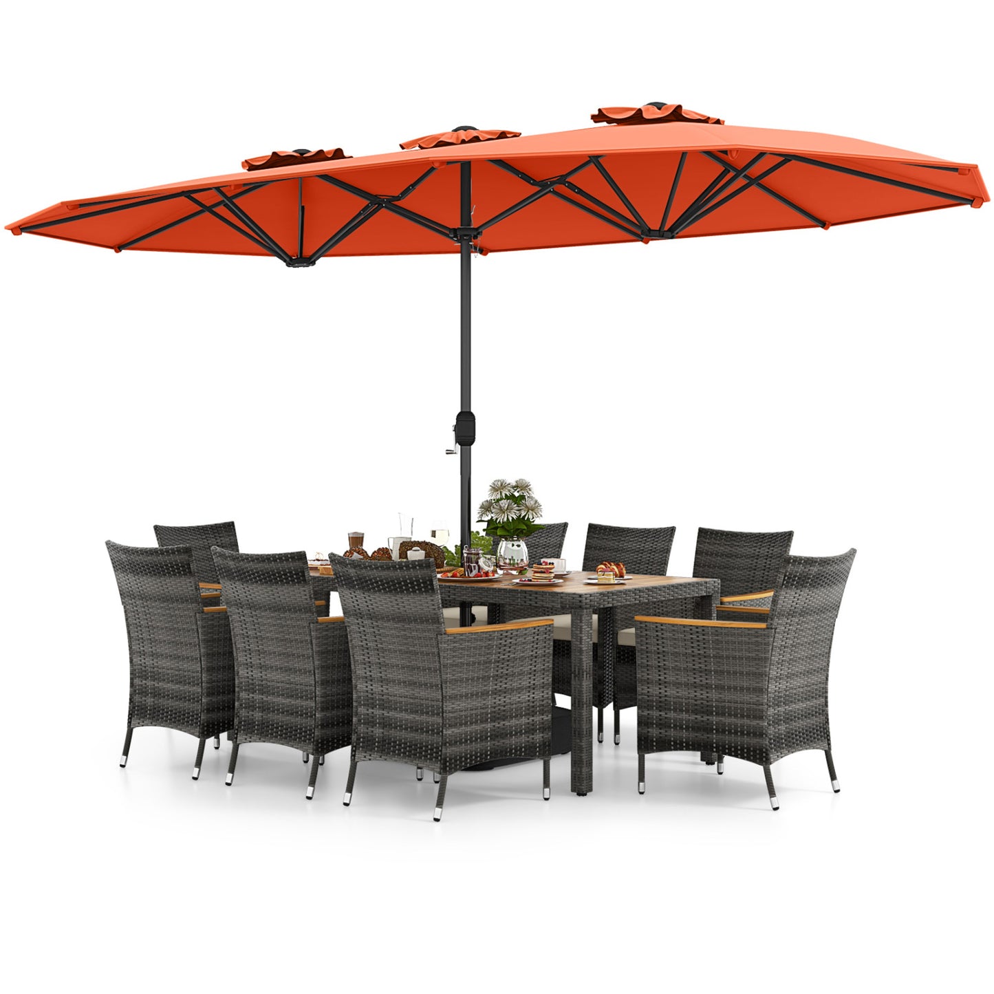Ensemble de salle à manger de patio de 10 pièces, parapluie double face de 15 pieds, orange