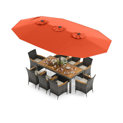 10-Piece Patio Dining Set, 15-Foot Double-Sided Umbrella, Orange