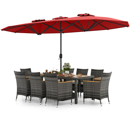 Ensemble de salle à manger en osier 10 pièces, parasol de patio double face 15 pieds, rouge