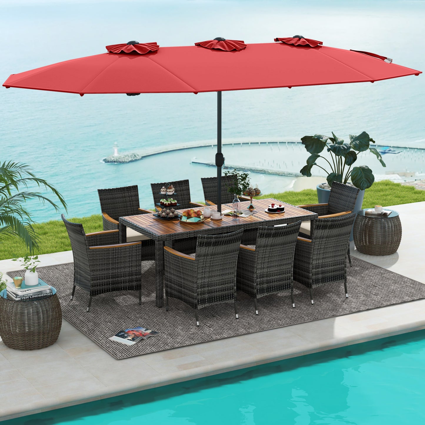 Ensemble de salle à manger en osier 10 pièces, parasol de patio double face 15 pieds, rouge