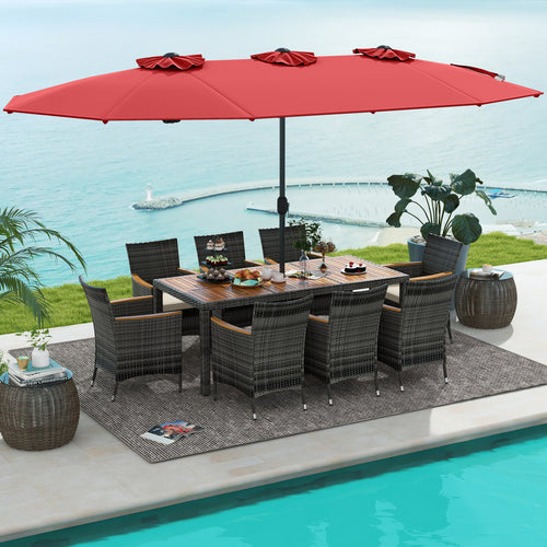 10 Piece Wicker Dining Set, 15 Ft Double Sided Patio Umbrella, Red