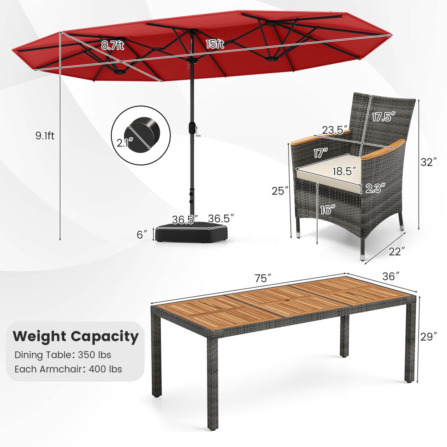 Ensemble de salle à manger en osier 10 pièces, parasol de patio double face 15 pieds, rouge