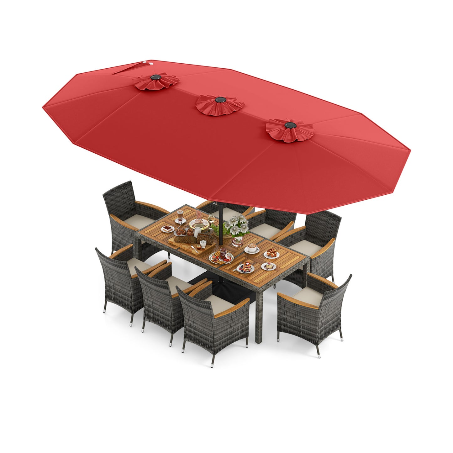 Ensemble de salle à manger en osier 10 pièces, parasol de patio double face 15 pieds, rouge