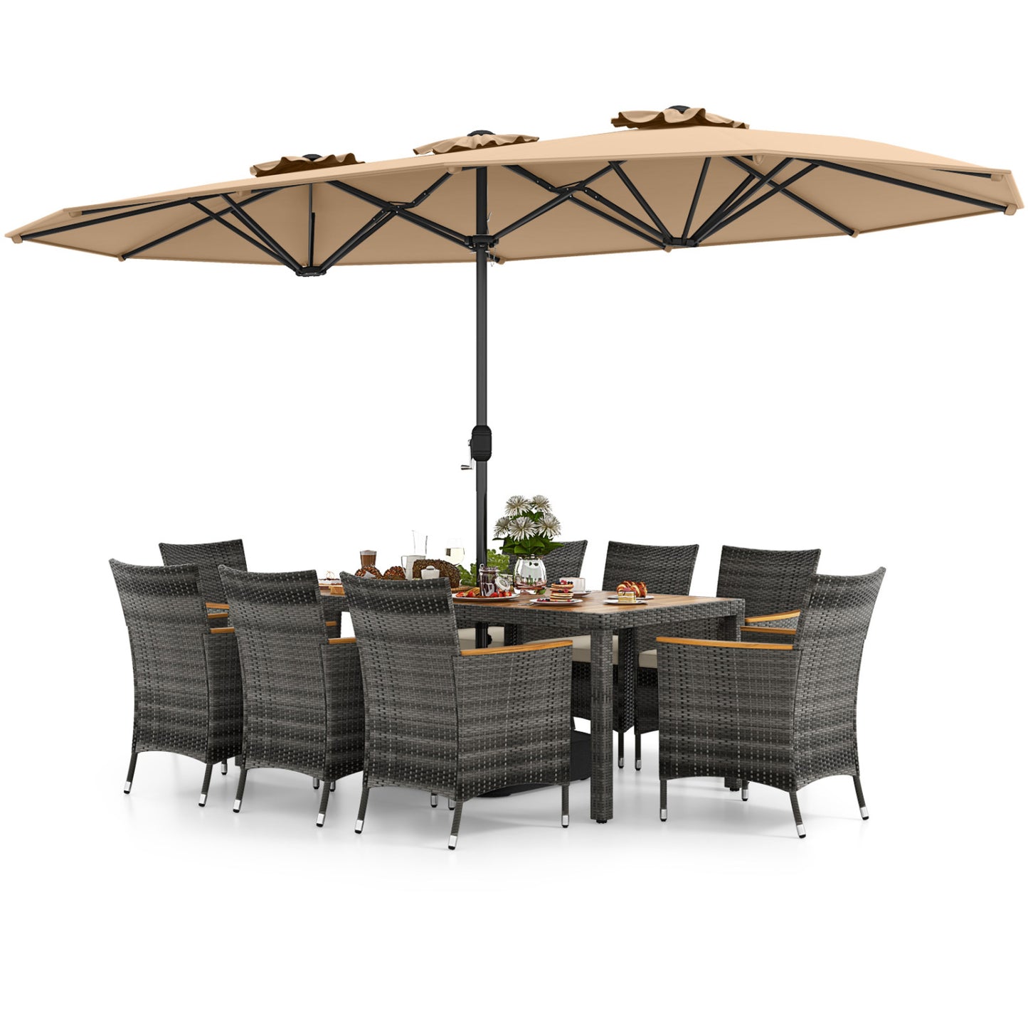 Ensemble de salle à manger en osier 10 pièces, parasol double face 15 pieds, marron
