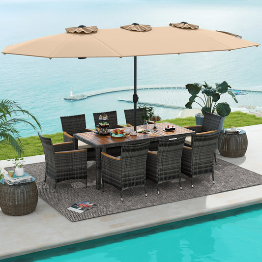 10-Piece Wicker Dining Set, 15-Foot Double-Sided Umbrella, Brown Patio Dining Sets Brown at Gallery Canada