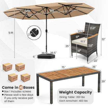 Ensemble de salle à manger en osier 10 pièces, parasol double face 15 pieds, marron