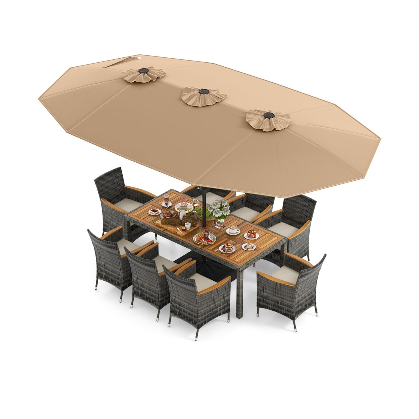 Ensemble de salle à manger en osier 10 pièces, parasol double face 15 pieds, marron