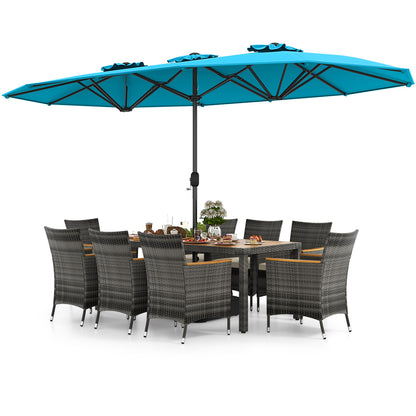 Ensemble de salle à manger en osier pour terrasse de 10 pièces, parasol double face de 15 pieds, turquoise