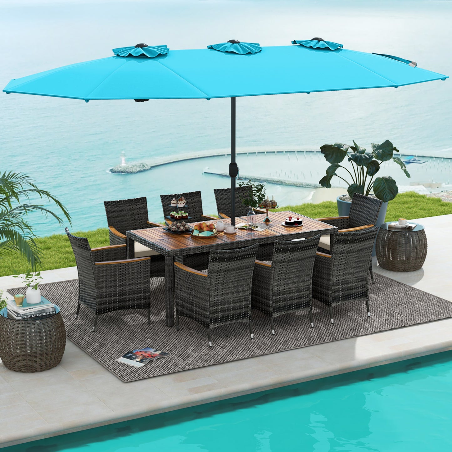 Ensemble de salle à manger en osier pour terrasse de 10 pièces, parasol double face de 15 pieds, turquoise