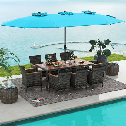 Ensemble de salle à manger en osier pour terrasse de 10 pièces, parasol double face de 15 pieds, turquoise
