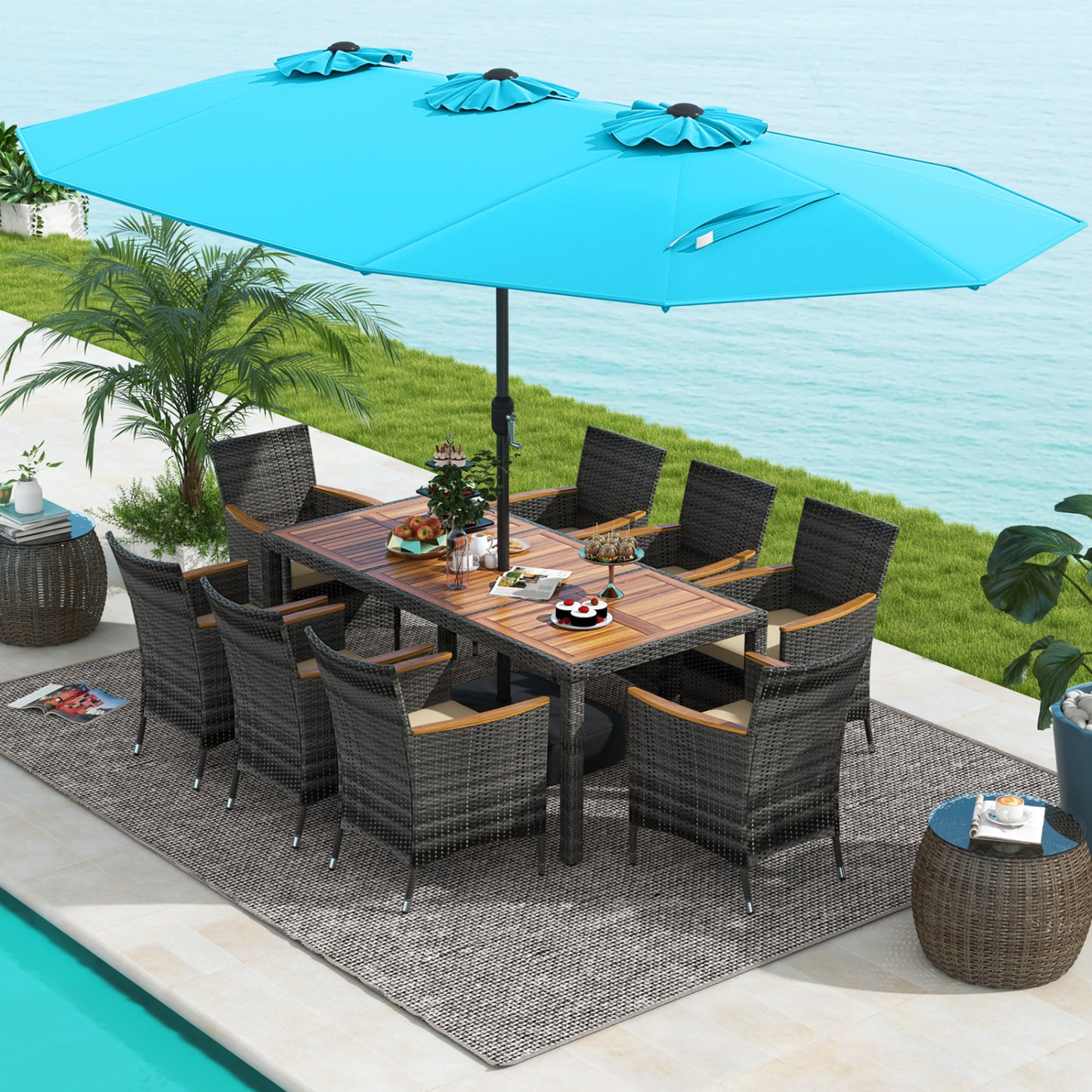 Ensemble de salle à manger en osier pour terrasse de 10 pièces, parasol double face de 15 pieds, turquoise