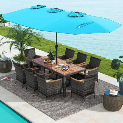 Ensemble de salle à manger en osier pour terrasse de 10 pièces, parasol double face de 15 pieds, turquoise