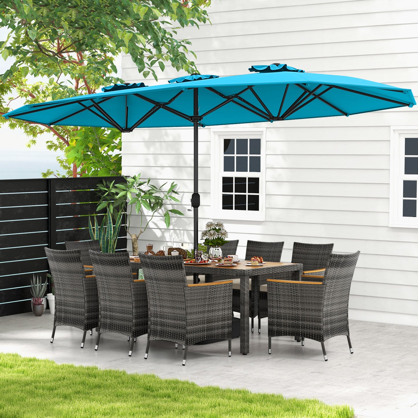 Ensemble de salle à manger en osier pour terrasse de 10 pièces, parasol double face de 15 pieds, turquoise