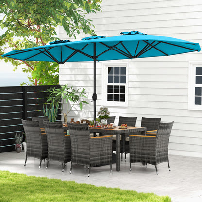 Ensemble de salle à manger en osier pour terrasse de 10 pièces, parasol double face de 15 pieds, turquoise