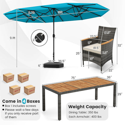 Ensemble de salle à manger en osier pour terrasse de 10 pièces, parasol double face de 15 pieds, turquoise