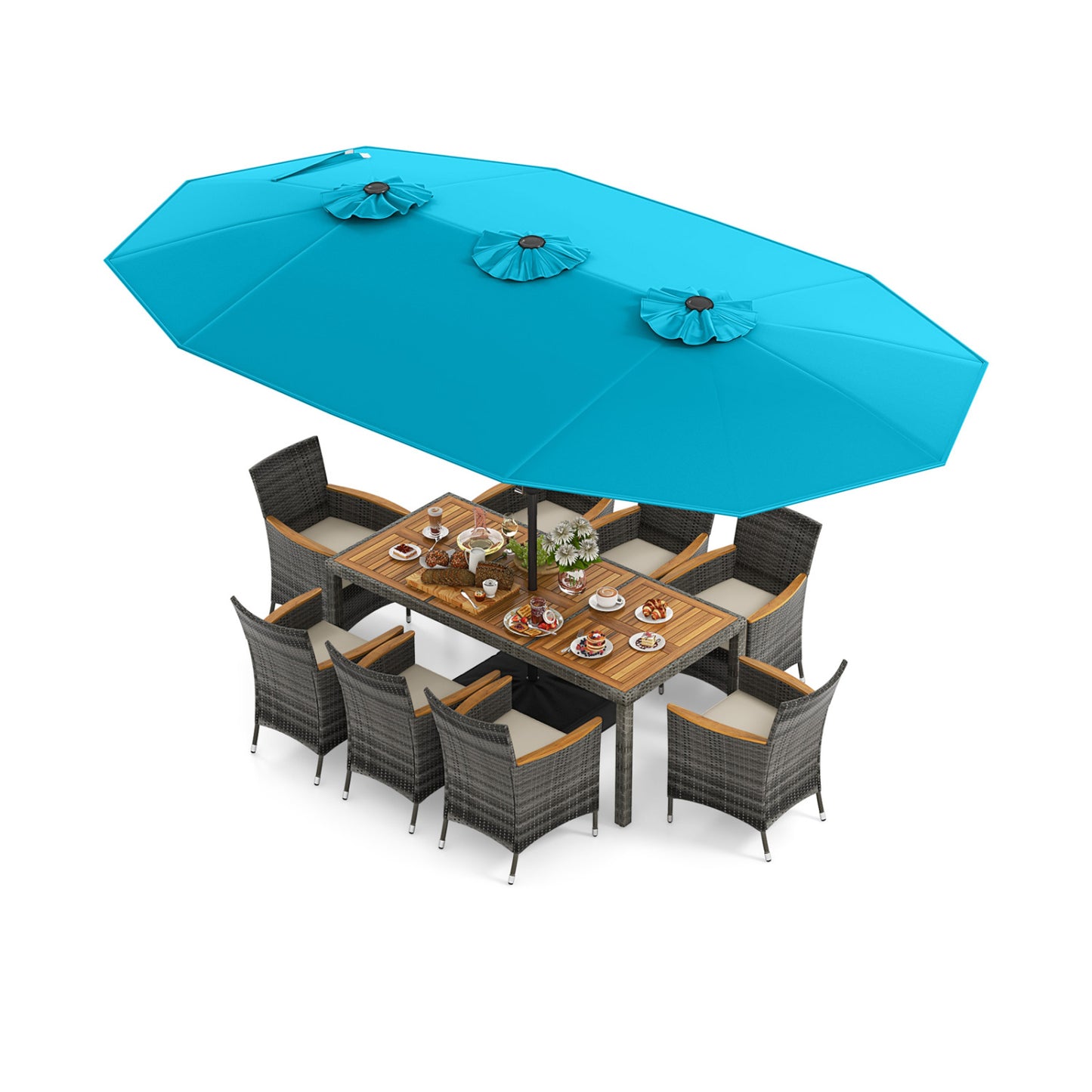 Ensemble de salle à manger en osier pour terrasse de 10 pièces, parasol double face de 15 pieds, turquoise