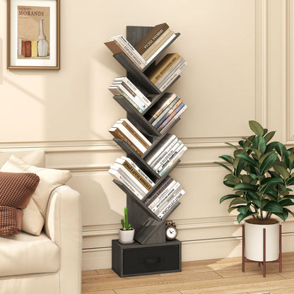 10-Tier Bookshelf With Drawer Free-Standing Storage Bookcase, Black