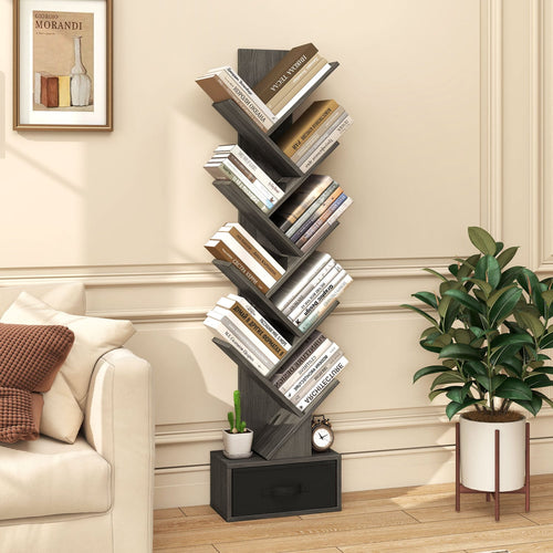 10-Tier Bookshelf With Drawer, Black & Gray