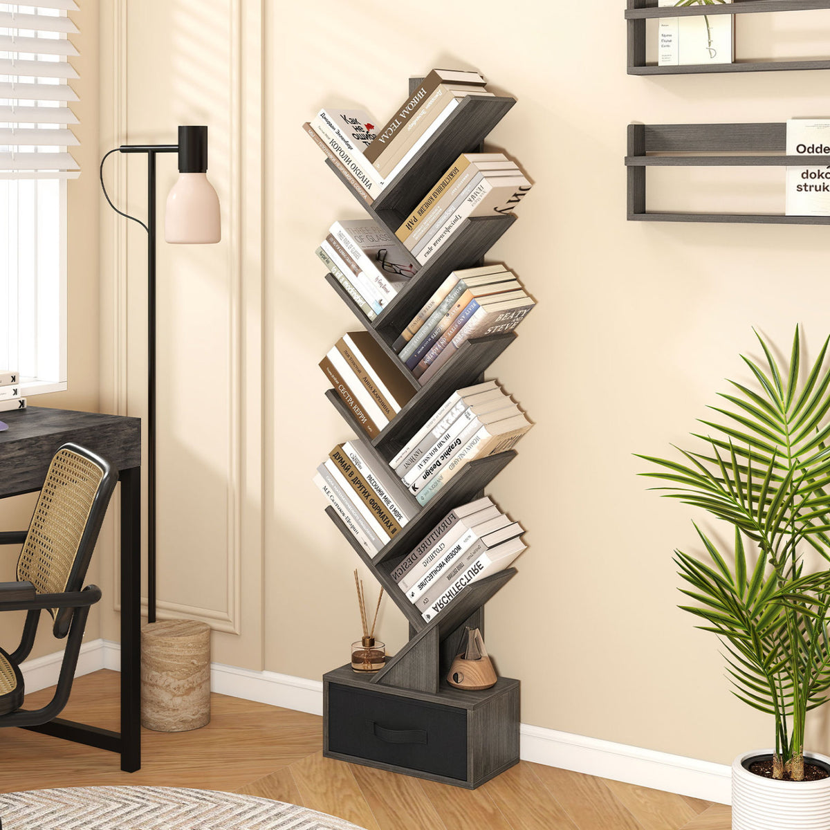 10-Tier Bookshelf With Drawer Free-Standing Storage Bookcase, Black