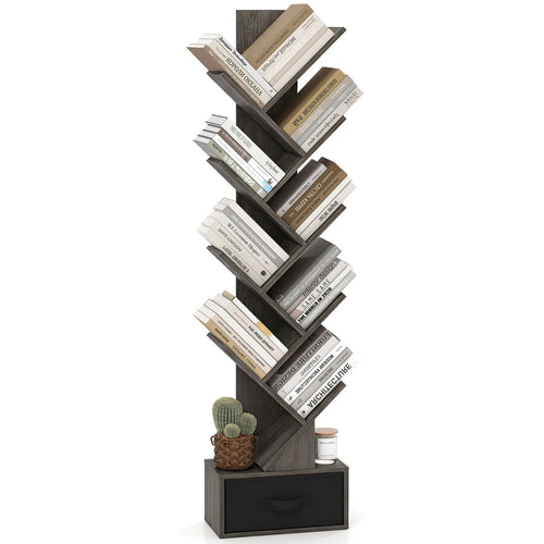 10-Tier Bookshelf With Drawer, Black & Gray