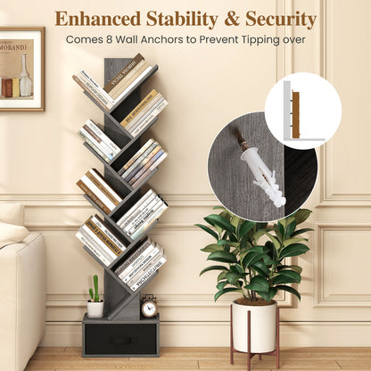 10-Tier Bookshelf With Drawer Free-Standing Storage Bookcase, Black