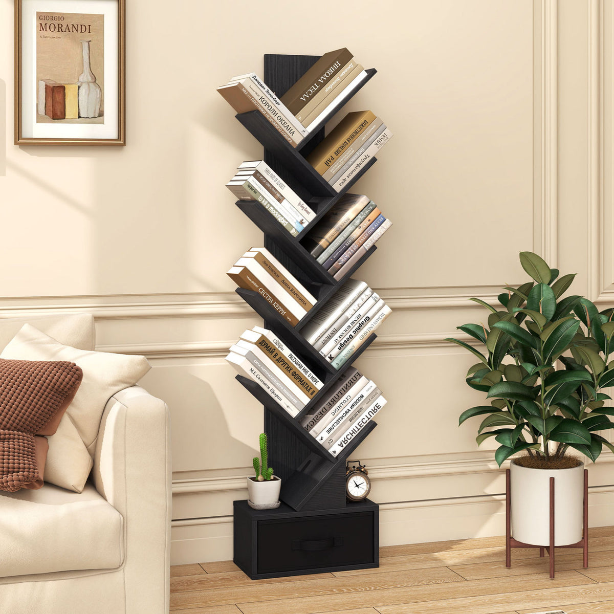 10-Tier Bookshelf With Drawer, Black