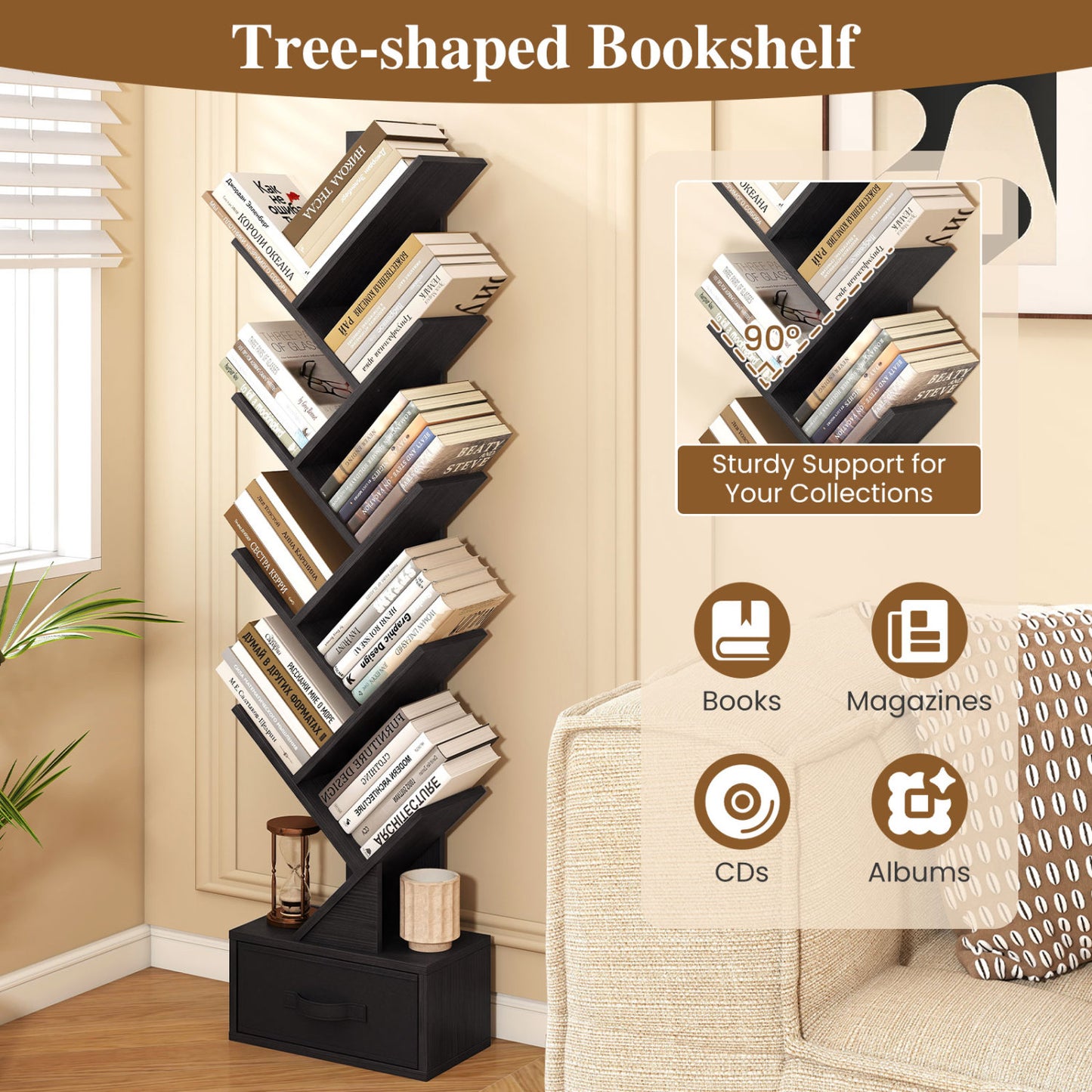 10-Tier Bookshelf With Drawer, Black