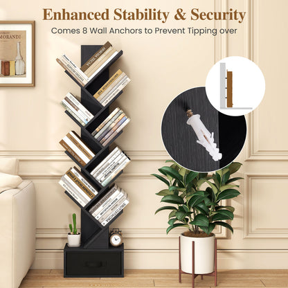 10-Tier Bookshelf With Drawer, Black