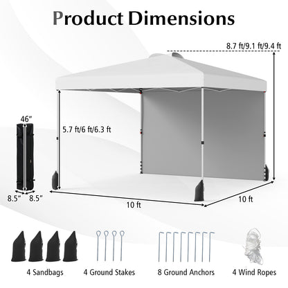 10 X 10 FT Pop up Canopy Tent with 1 Sidewall and Wheeled Bag, White Canopies at Gallery Canada
