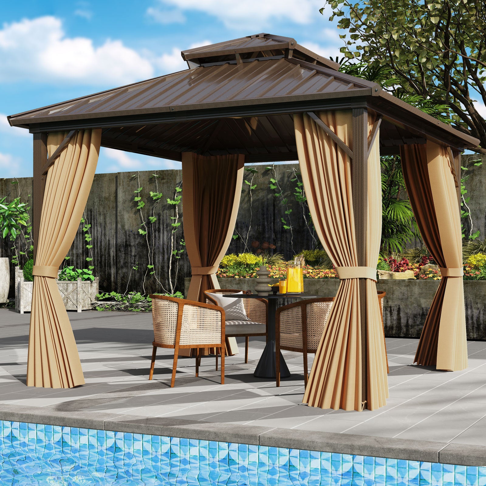 10 X 10 Feet Hardtop Gazebo with Netting and Curtain for Patio Backyard, Coffee Gazebos at Gallery Canada