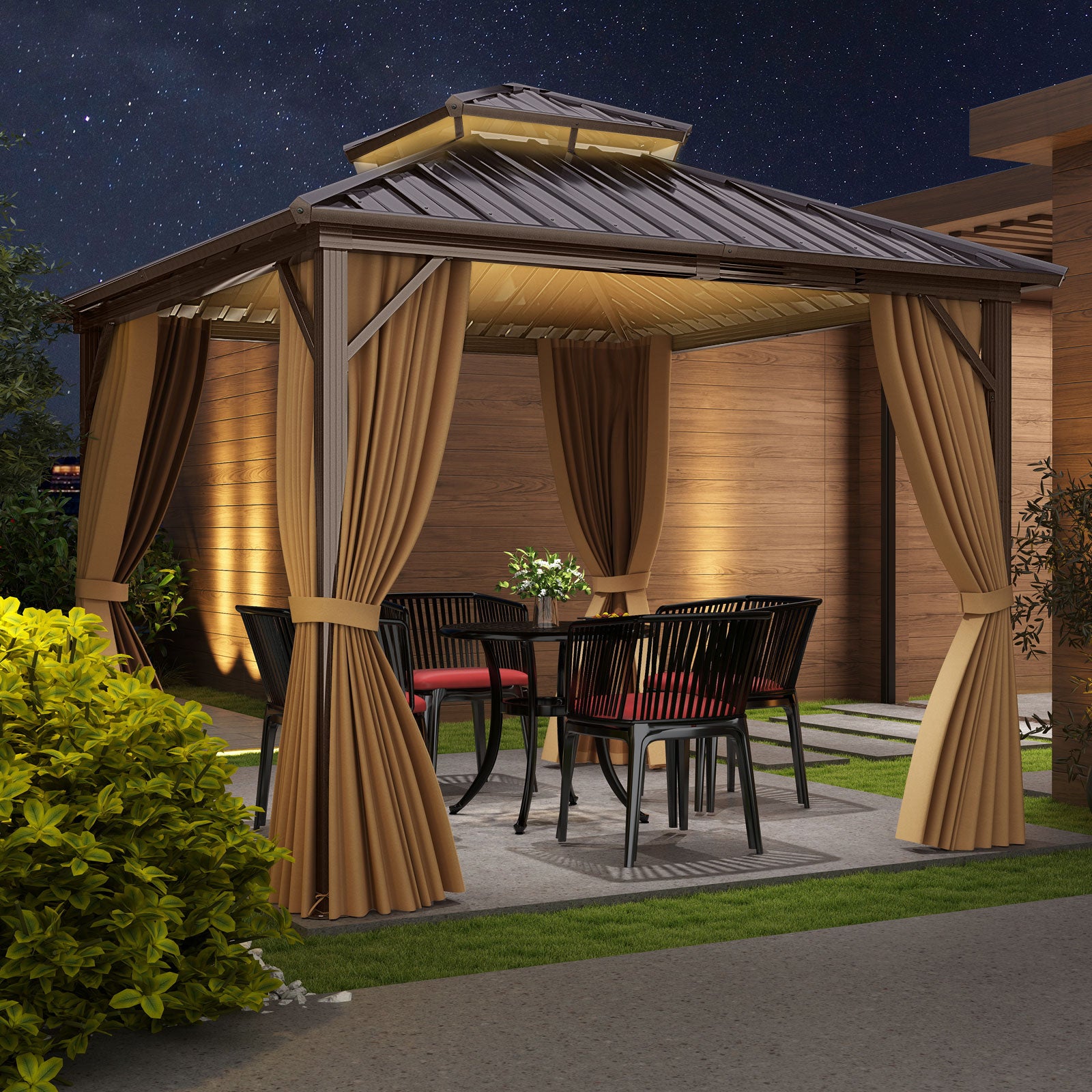 10 X 10 Feet Hardtop Gazebo with Netting and Curtain for Patio Backyard, Coffee Gazebos at Gallery Canada