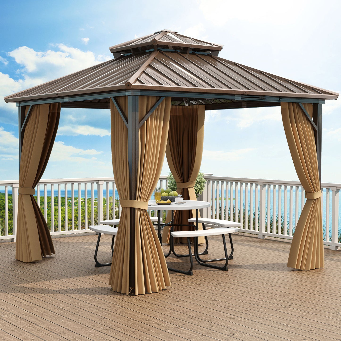 10 X 10 Feet Hardtop Gazebo with Netting and Curtain for Patio Backyard, Coffee Gazebos at Gallery Canada