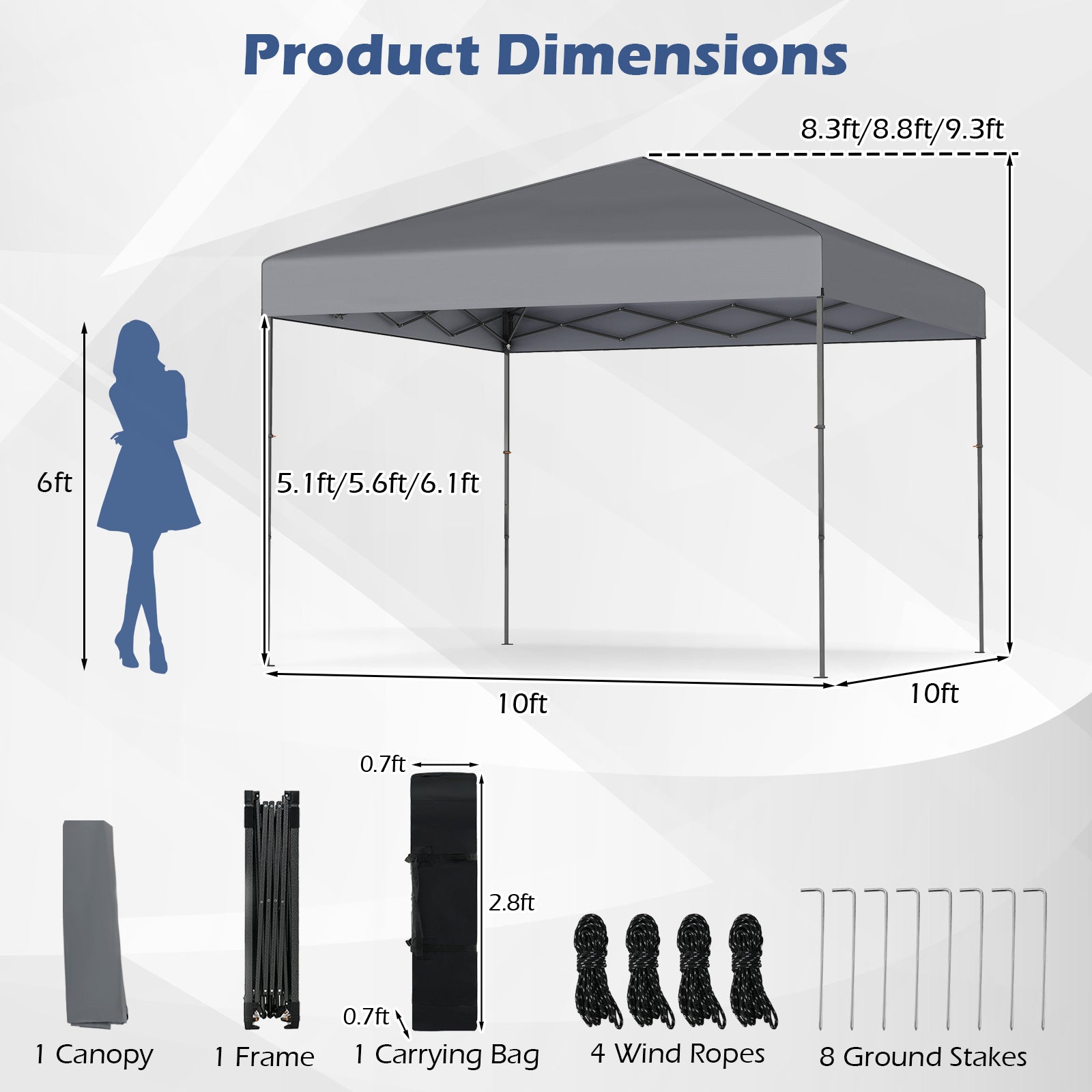 10 X 10 Feet Pop up Canopy Tent with Portable Carrying Bag and 8 Stakes, Gray Canopies at Gallery Canada