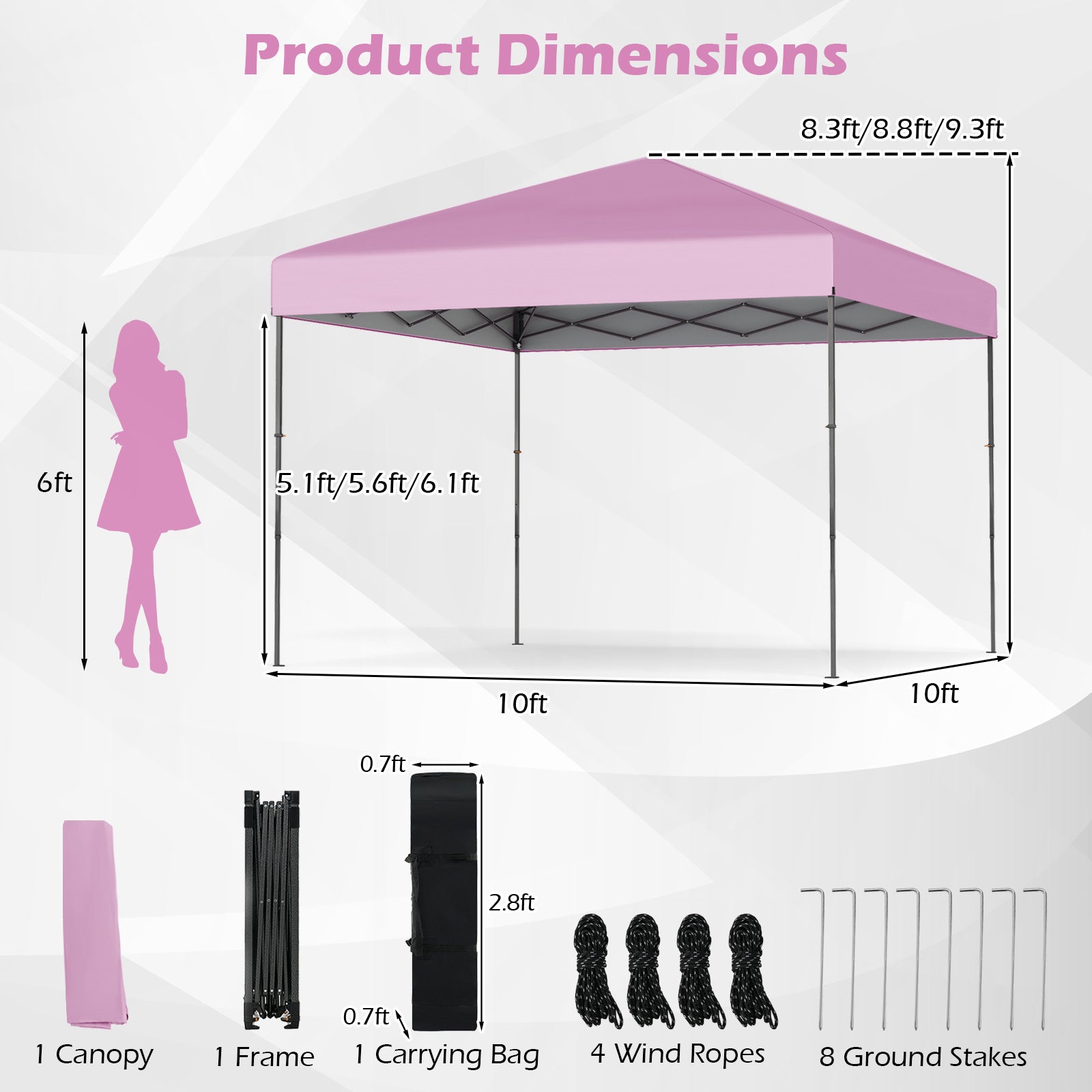 10 X 10 Feet Pop up Canopy Tent with Portable Carrying Bag and 8 Stakes, Pink Canopies at Gallery Canada