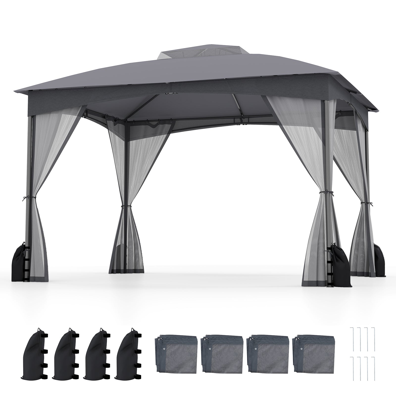 10 X 12 FT Patio Gazebo, With Netting Walls And 4 Sandbags, Gray Gazebos Gray at Gallery Canada