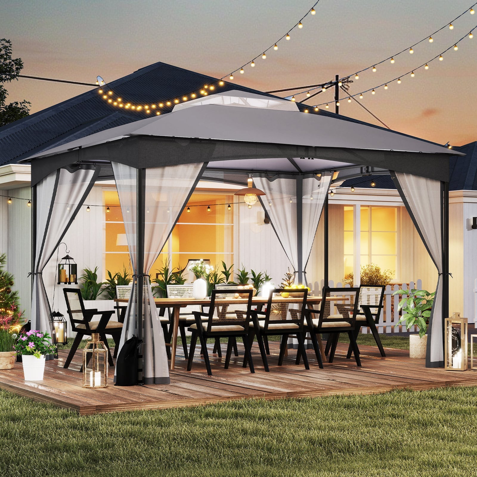 10 X 12 FT Patio Gazebo, With Netting Walls And 4 Sandbags, Gray Gazebos at Gallery Canada