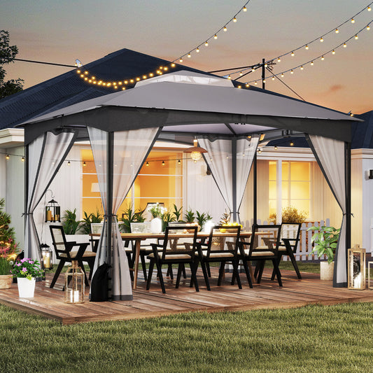10 X 12 FT Patio Gazebo, With Netting Walls And 4 Sandbags, Gray